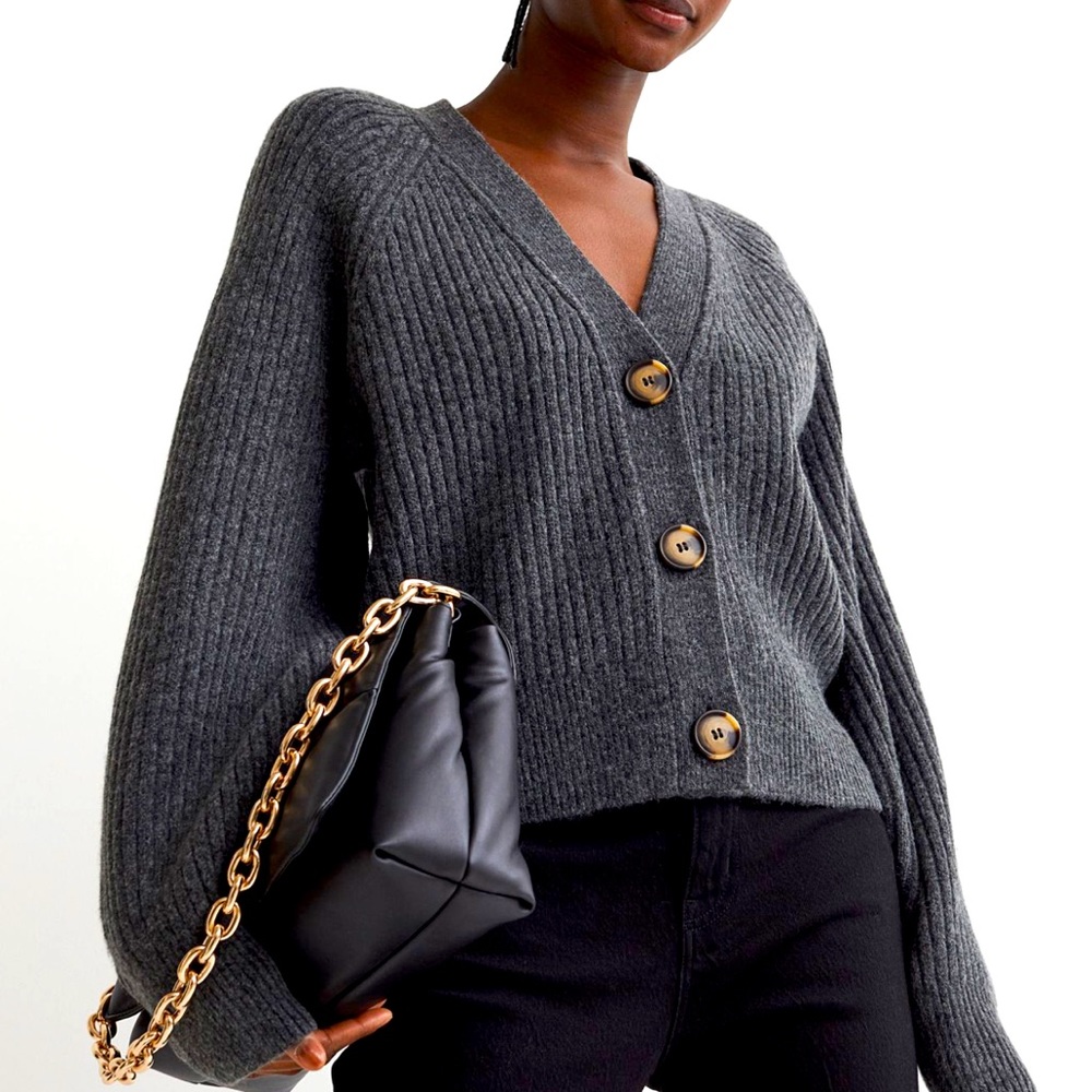 H&M rib knit dark grey sweater with button detail